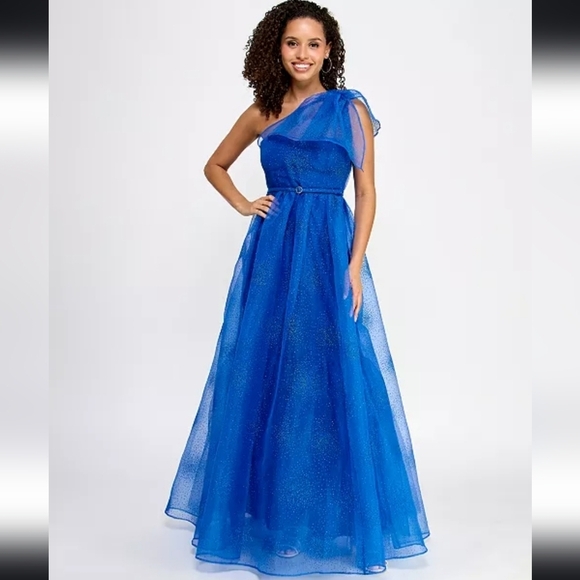 NWT Violet Weekend Juniors One-Shoulder Glitter Organza Ballgown in Azure Blue - Picture 1 of 11